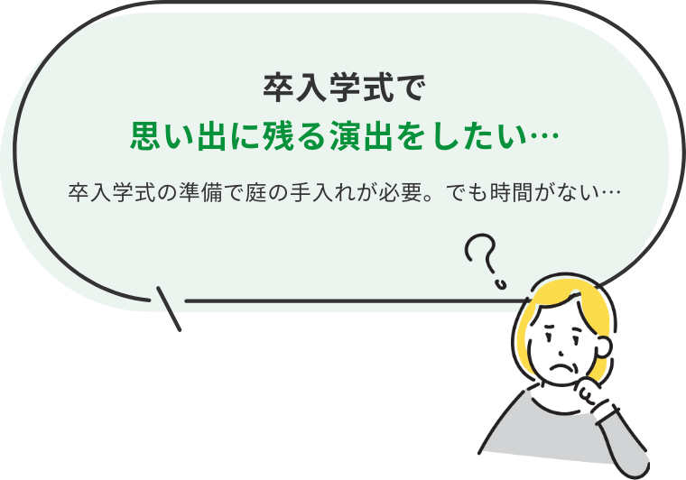 卒入学式で思い出に残る演出をしたい。卒入学式の準備で庭の手入れが必要。でも時間がない。